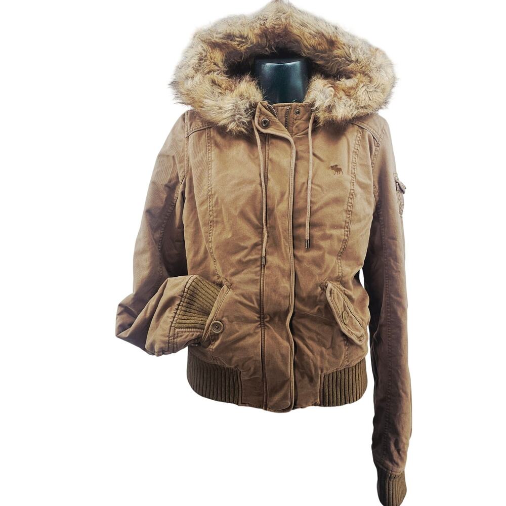 Vintage Y2K Abercrombie & Fitch 2000s Faux Fur Lined Hooded Bomber Jacket L - Picture 2 of 12